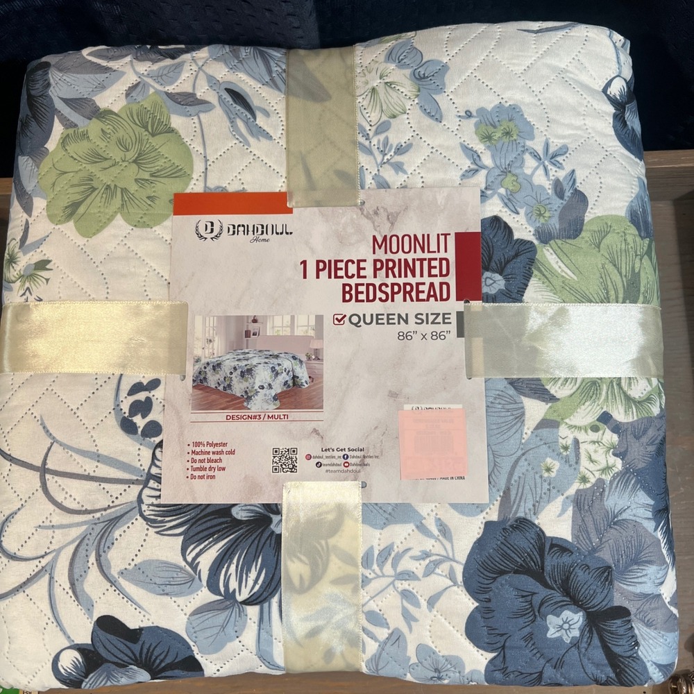Dahdoul Home Moonlit Queen‎ Bedspread Blue Green Floral Printed 86x86 NEW